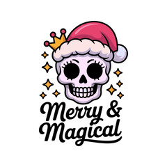 Sweet but spooky holiday badge, skull face with pink bow, candy cane accents, cute creepy Christmas emblem vector for shirts