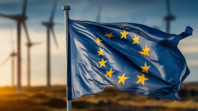 Dynamic Close Up of European Union Flag Waving with Wind Turbines. Ai Generated Images