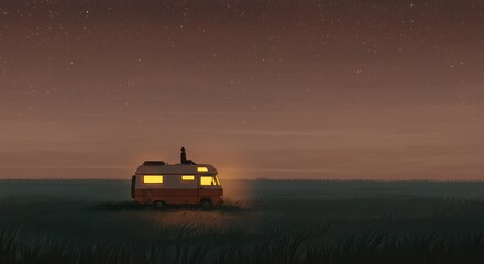 Fototapeta premium Solitary camper van parked in a field under a starry night sky.