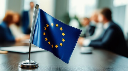 Close Up Patriotic European Union Flag on a Table with Business Meeting. Ai Generated Images