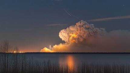 Rocket Launch at Night, With Flames and Smoke Rising, Presenting a Stunning Scene of Space Exploration