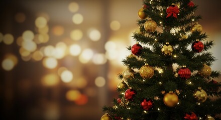 A festive Christmas tree concept, beautifully decorated with sparkling red and gold baubles. The background glows with warm, magical bokeh lights.