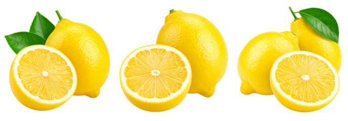 Lemon isolated on transparent background. A whole lemon, half and slice a lemon. 