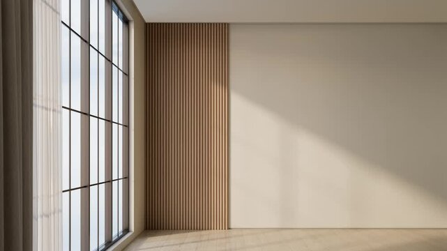 Front View,Empty Modern Room With Large Left-Side Window Casting TimeLapse Sunlight Shadows Across Wooden Wall Panels And Neutral Beige Painted Interior, 3D Render Of  Business Or Living Space Concept