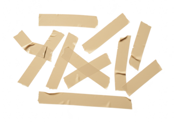 Scattered pieces of brown adhesive tape isolated on transparent background