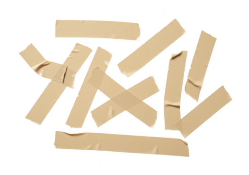 Scattered pieces of brown adhesive tape isolated on transparent background