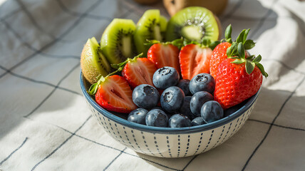 A ceramic bowl filled with fresh strawberries, blueberries, and kiwi slices on a checkered cloth, capturing vibrant colors and a healthy, refreshing appeal.