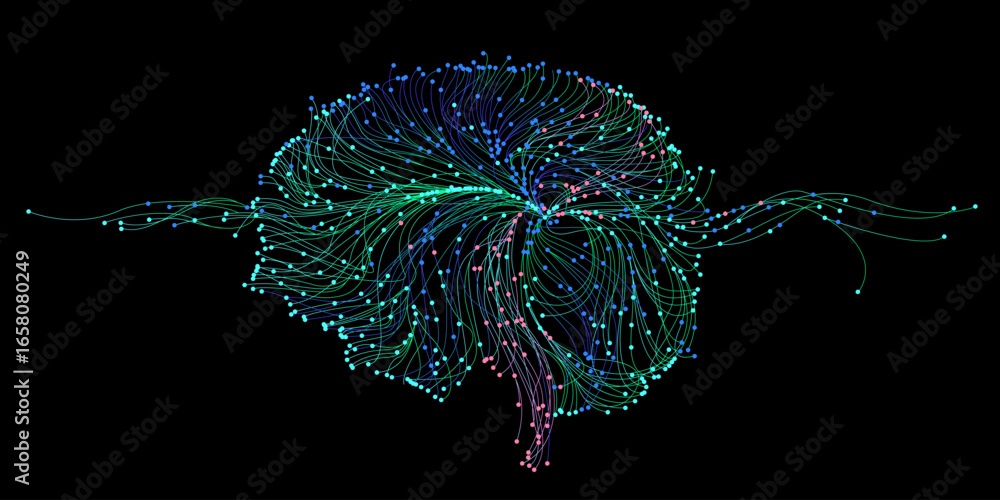 Poster illustration of abstract stream. artificial intelligence. big data, technology, ai, data transfer, d