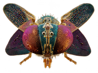 Extreme macro photography of a jewel like fly with iridescent wings isolated on transparent background