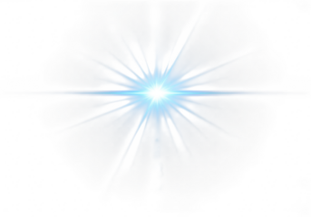 A bright blue starburst lens flare effect isolated on a transparent background, radiating light and energy with sharp beams and a glowing center