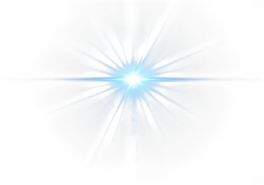A bright blue starburst lens flare effect isolated on a transparent background, radiating light and energy with sharp beams and a glowing center