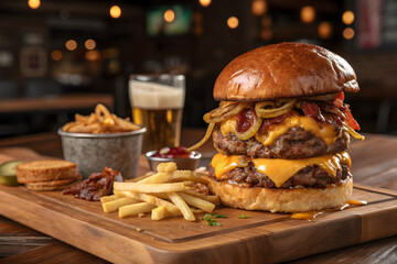 Indulgent double cheeseburger with crispy fries and beer, perfect for food blogs