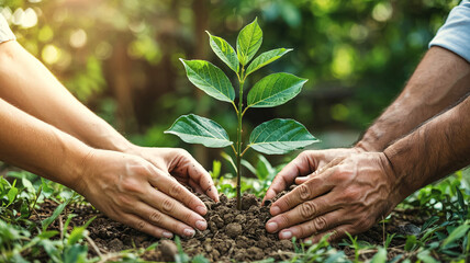 Fototapeta premium Hands planting a vibrant seedling in rich soil, nurturing new life and growth for a greener future now