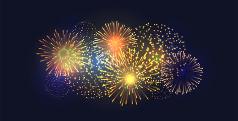 Fototapeta premium Vivid glowing fireworks bursting in the night sky, creating a festive atmosphere. Ideal for New Year, national holidays, parties, and joyful events with sparkling lights