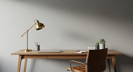 A modern home office setup with a wooden desk, gold lamp, and leather chair against a plain wall.