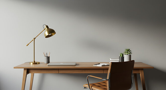 A modern home office setup with a wooden desk, gold lamp, and leather chair against a plain wall.