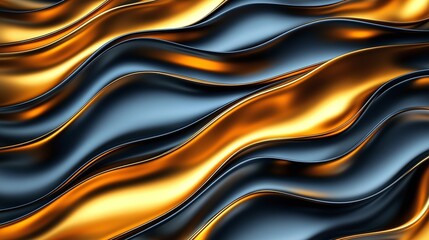 Abstract design of flowing, wavy metallic forms in gold and dark blue tones.