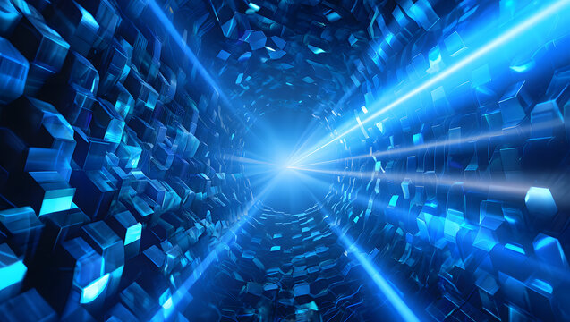 Futuristic abstract background with blue light tunnel and geometric shapes