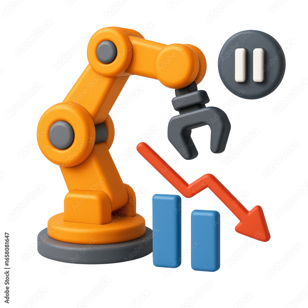 Aufkleber efficiency recession concept. robotic arm with a gripping mechanism and declining graph elements.