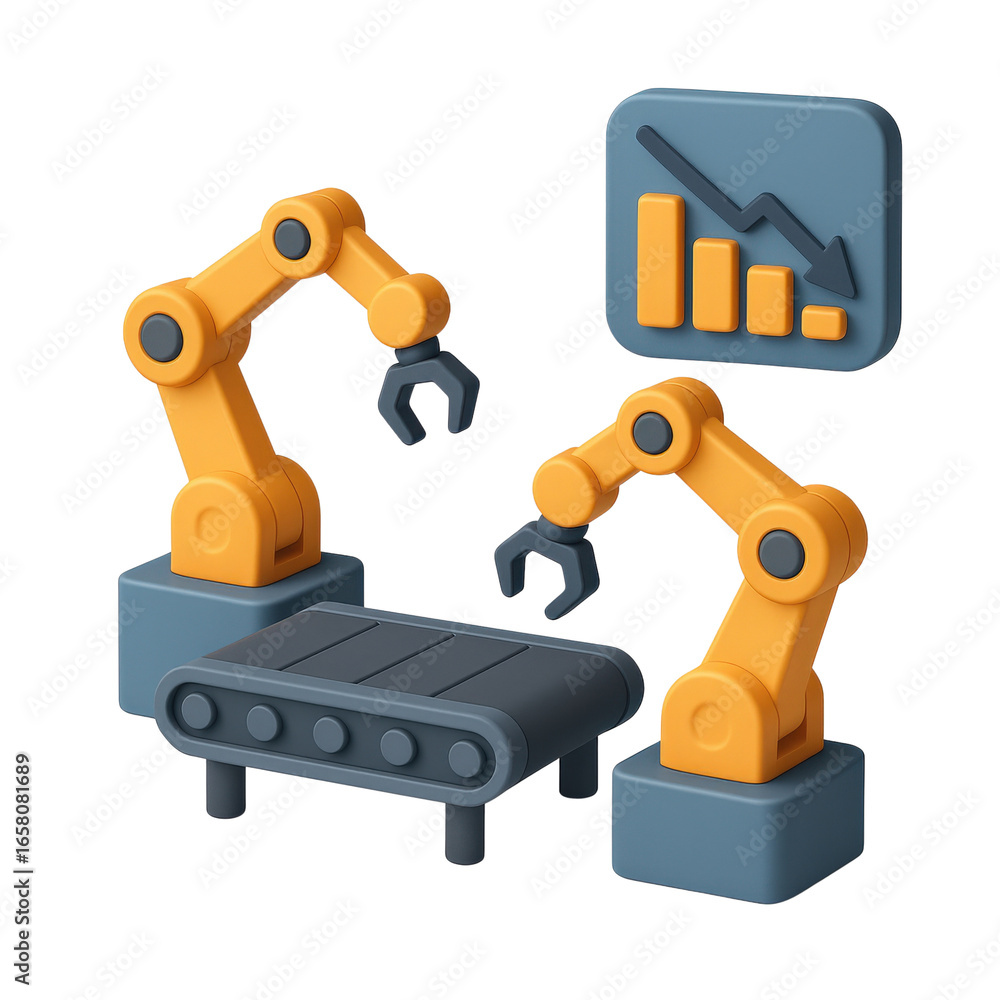 Poster efficiency recession concept. robotic arms working on a conveyor belt with a declining graph.