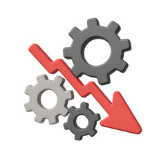 efficiency recession concept. Gears with a downward trend arrow indicating decline.