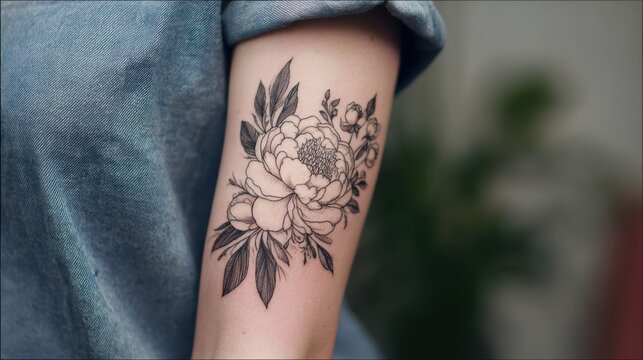 Close-up of a detailed black and white peony flower tattoo on a person's arm.