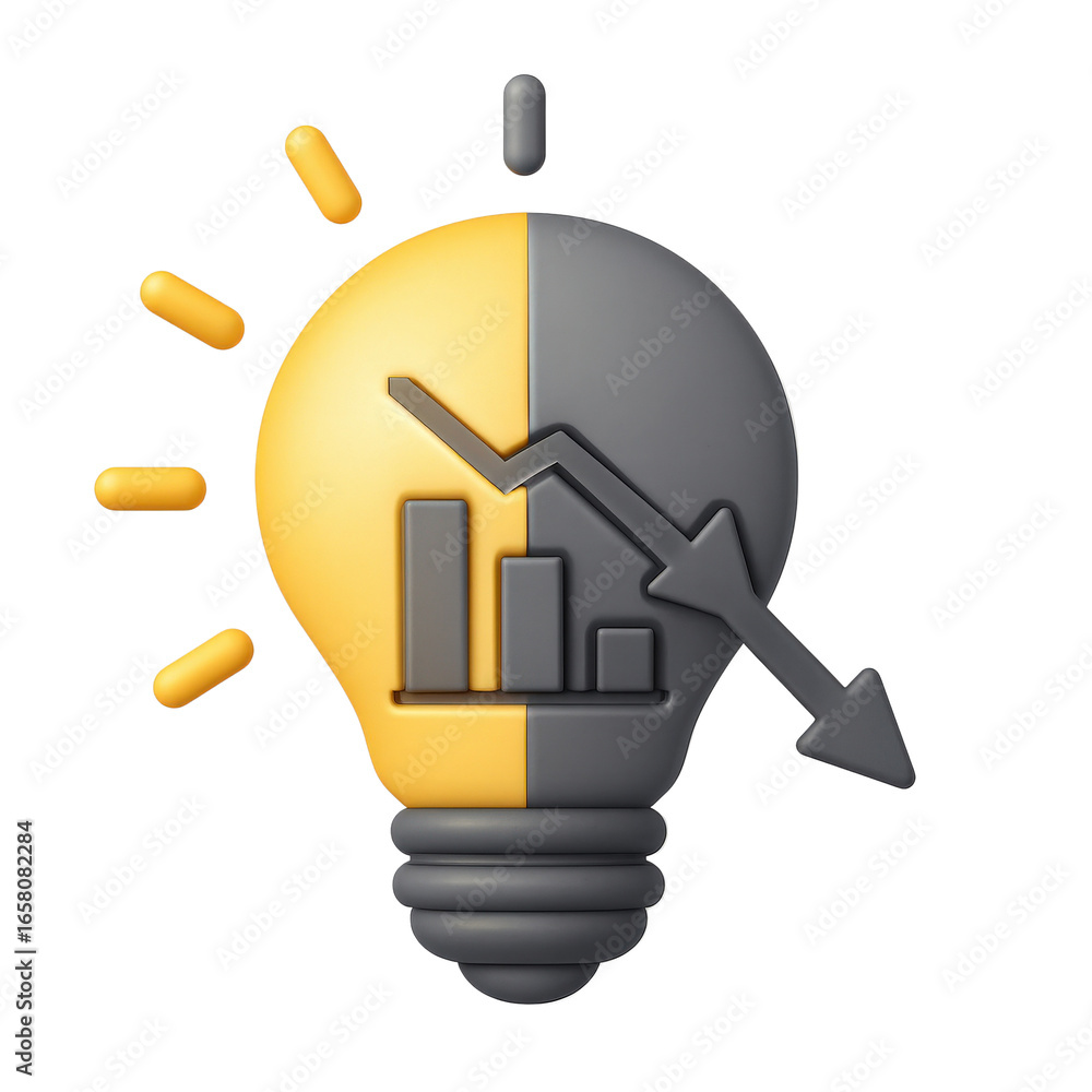 Poster efficiency recession concept. light bulb with data graph and decline arrow design.