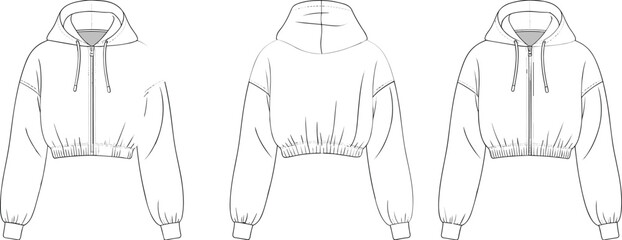 Front and back view cropped hoodie fashion flat sketch, stylish women&rsquo;s hooded sweatshirt design template, modern apparel mockup