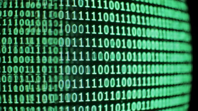 Binary code pattern with glowing numerals on a dark background