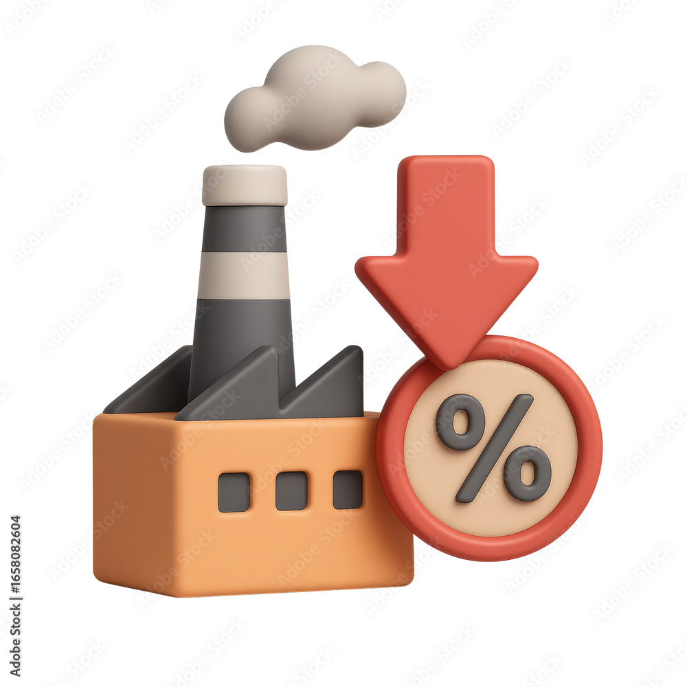 Poster efficiency recession concept. factory with decreasing percentage symbol.