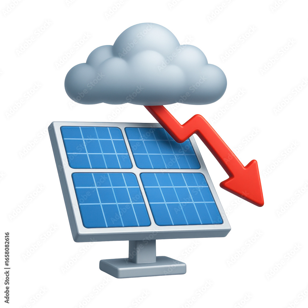 Poster efficiency recession concept. solar panel with a cloud and downward arrow symbolizing reduced effici