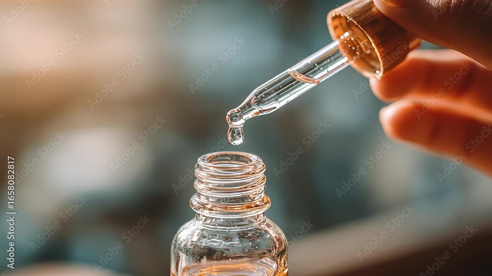 Aufkleber close-up sequence of a hand using a dropper to dispense liquid from a glass bottle, showcasing the p