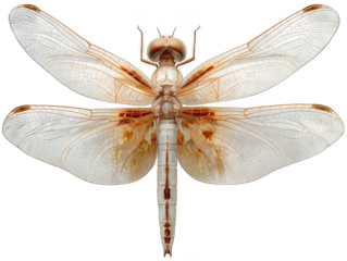 Detailed view of a light brown and white dragonfly with intricate wings isolated on transparent background