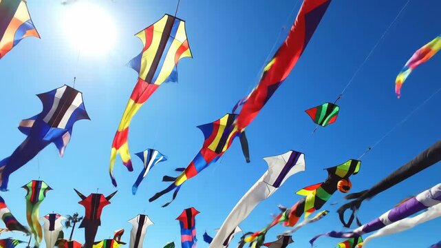 Colorful kites floating in the bright blue sky on a sunny day