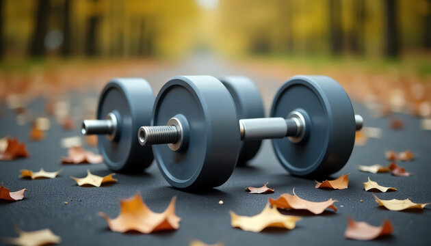 Autumn outdoor fitness scene with dumbbells and fallen leaves for fitness motivation and thanksgiving health goals