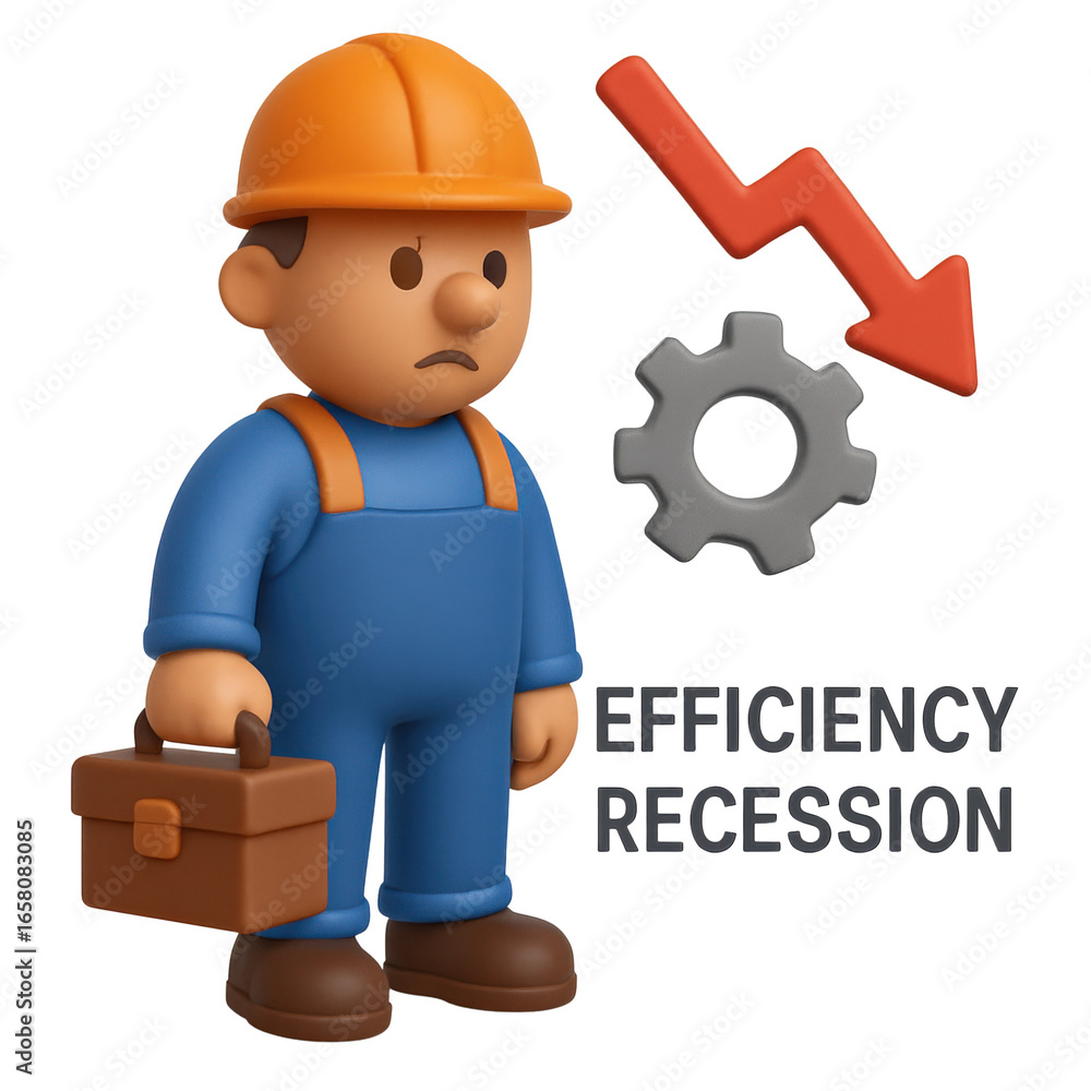 Poster efficiency recession concept. a worried worker with a toolbox and a recession symbol.