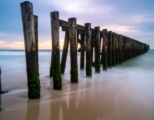 Wooden breakwater at sunset on a beach