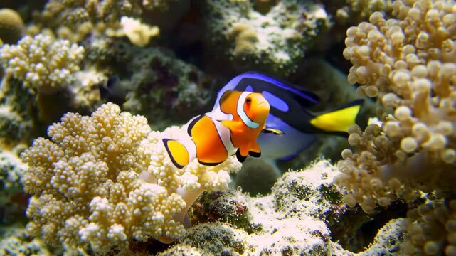 Colorful reef fish swimming among coral in tropical sea waters