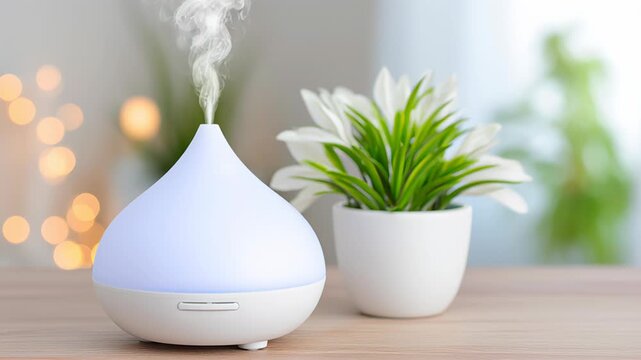 Aromatherapy diffuser releasing soothing mist, surrounded by lush greenery and soft ambient lighting, creating a tranquil atmosphere for relaxation and wellness
