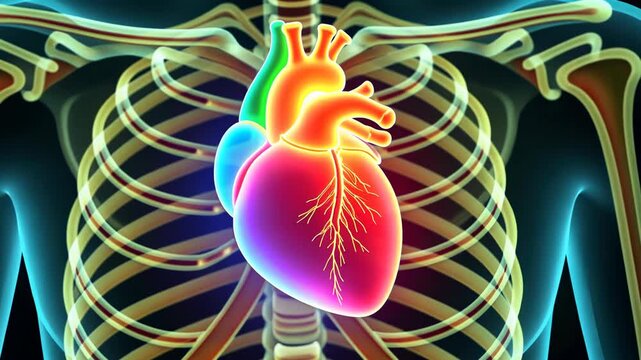 human skeleton, bone structure, heart anatomy. Body function. Ligaments flex during physical activity. Artery dilation enhances blood flow. 3D medical render shows detailed anatomy.