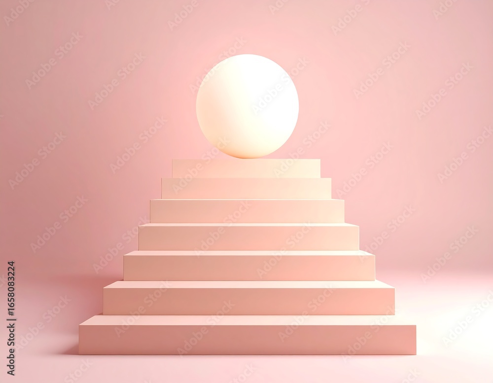 Poster a single spherical object rests atop a minimalist staircase structure in a soft pastel environment