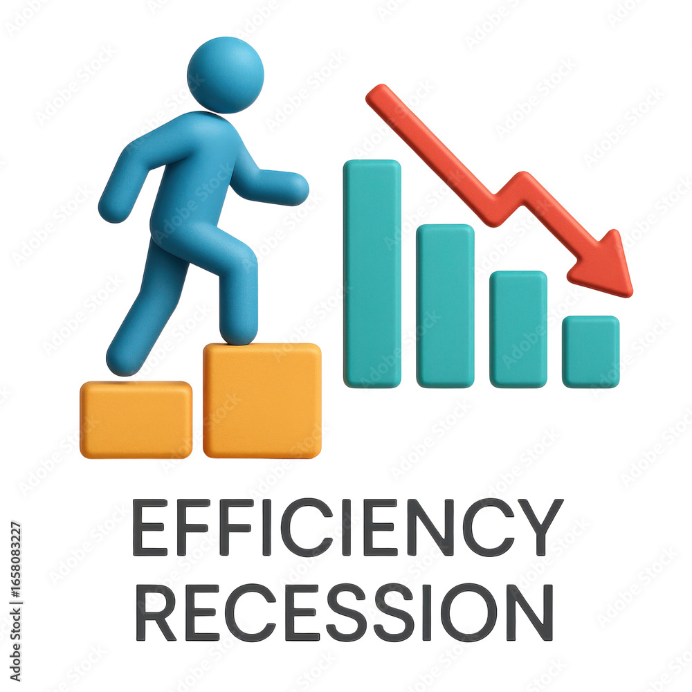 Poster efficiency recession concept. a 3d figure walking up steps beside a declining bar graph.