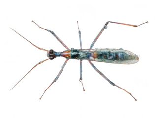 Detailed macro view of a long legged insect with water droplets isolated on transparent background