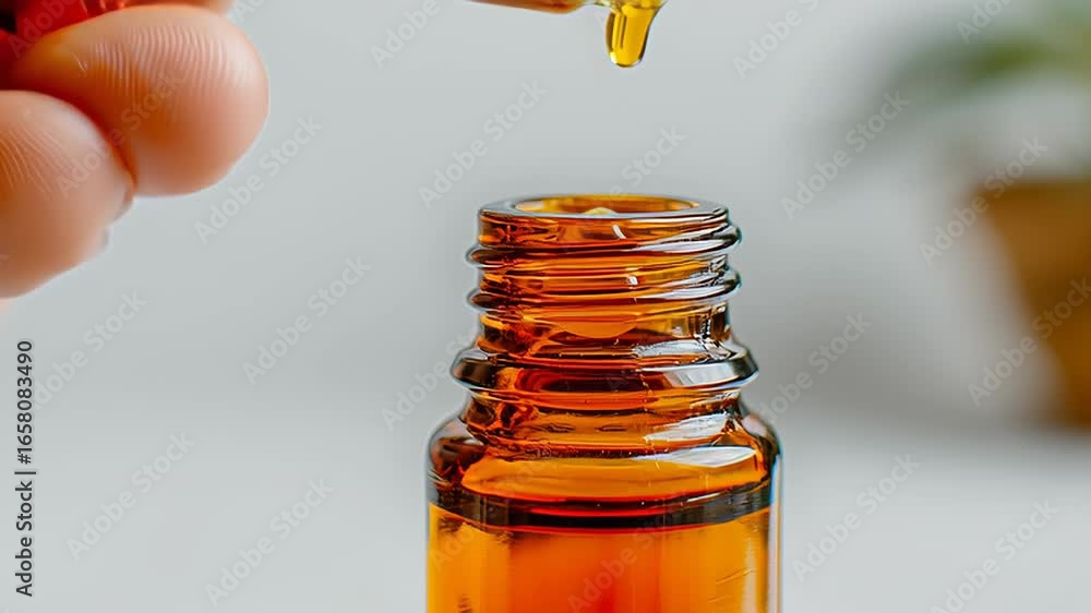 Poster close-up sequence of amber glass dropper bottle as liquid drops from pipette, showcasing the precise