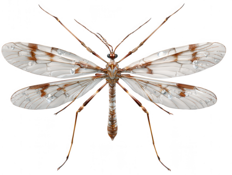 Detailed macro view of a crane fly with water droplets on its wings isolated on transparent background