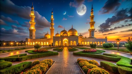 Majestic Mosque Illuminated at Dusk with Moonlit Sky and Landscaped Gardens Creating a Serene and Spiritual Ambiance for Reflection