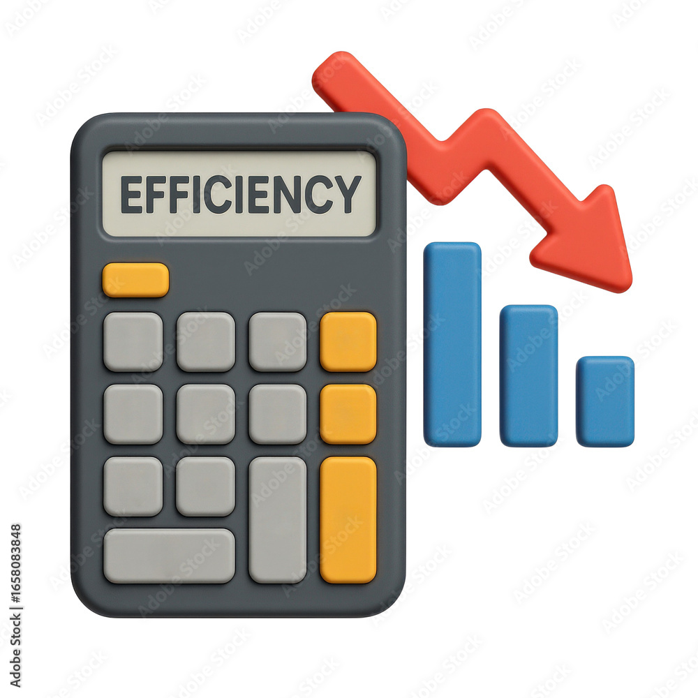 Poster efficiency recession concept. calculator with efficiency indicators and a downward trend.