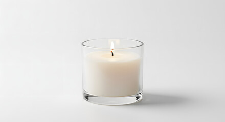 Elegant Cream Candle in Clear Glass Holder Lit on Pristine White Background
