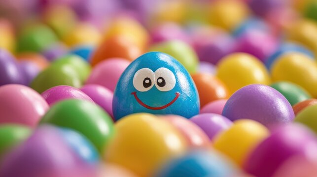 A blue egg with a smiling face, surrounded by colorful, round, and glossy candies in a ball pit, with a blue background and a white border.