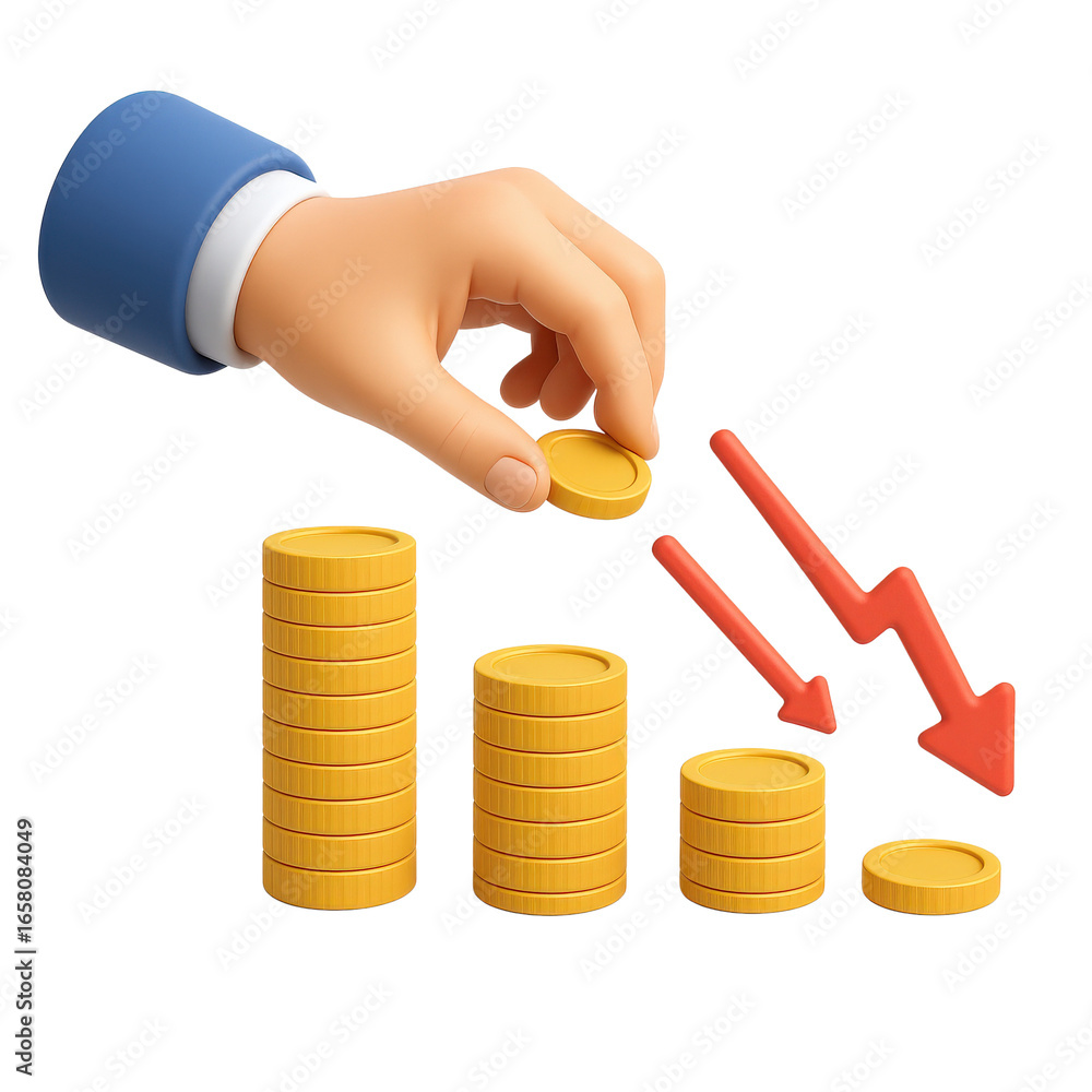 Poster efficiency recession concept. hand placing coins next to a declining graph.